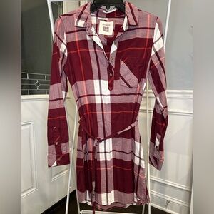 So Red Plaid Long Sleeve Shirt Dress